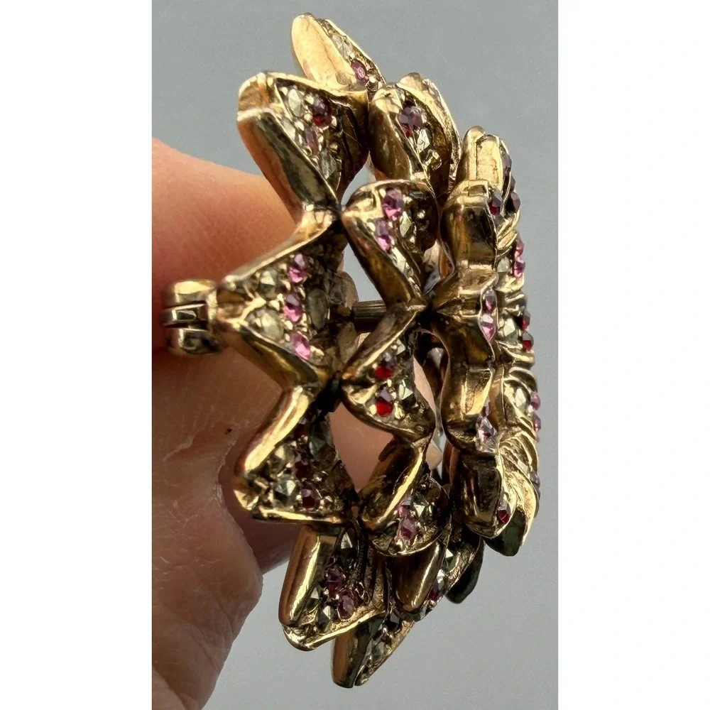 Vintage Les Bernard Brooch Pink Red Rhinestone Marcasites Dimensional Floral